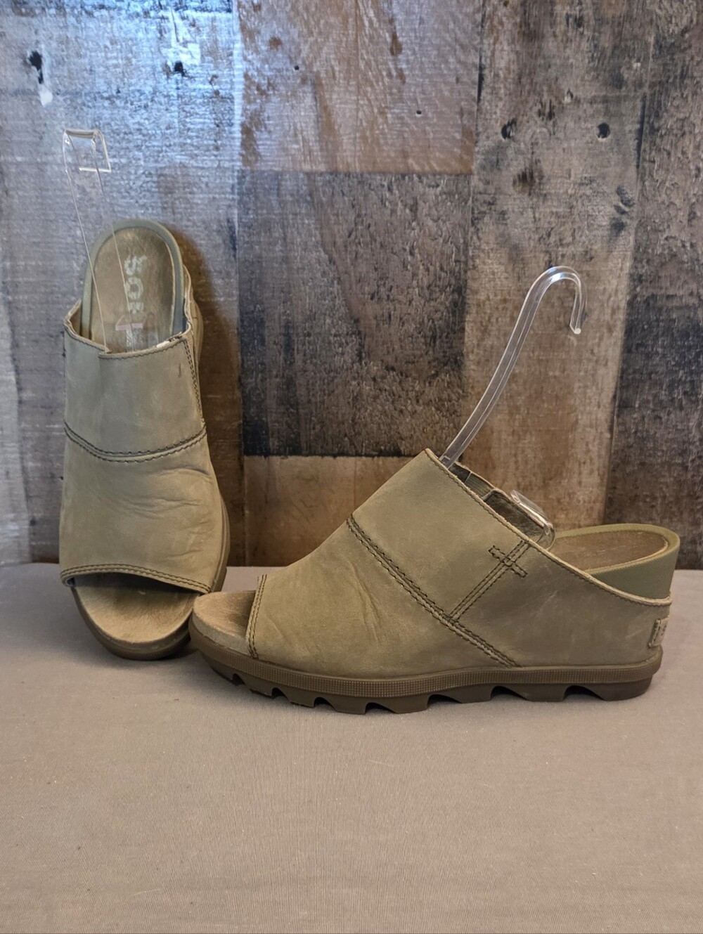 Sorel Wedge Mule Sandal Open Toe Tan Suede Lug Sole Slide Slip On Women’s Sz 8